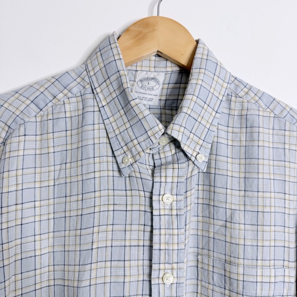 Brooks Brothers Men Irish Linen Long Sleeve Button Front Shirt Large‎ Blue Plaid